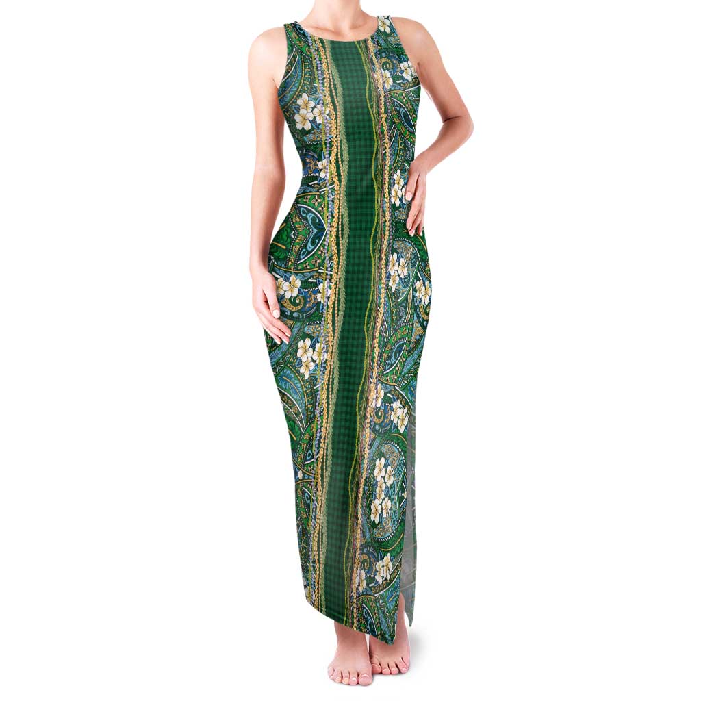 Hawaiian Art Flower Tribal with Lei Family Matching Tank Maxi Dress and Hawaiian Shirt Palaka Pattern Green Color LT03 Mom's Dress Green - Polynesian Pride
