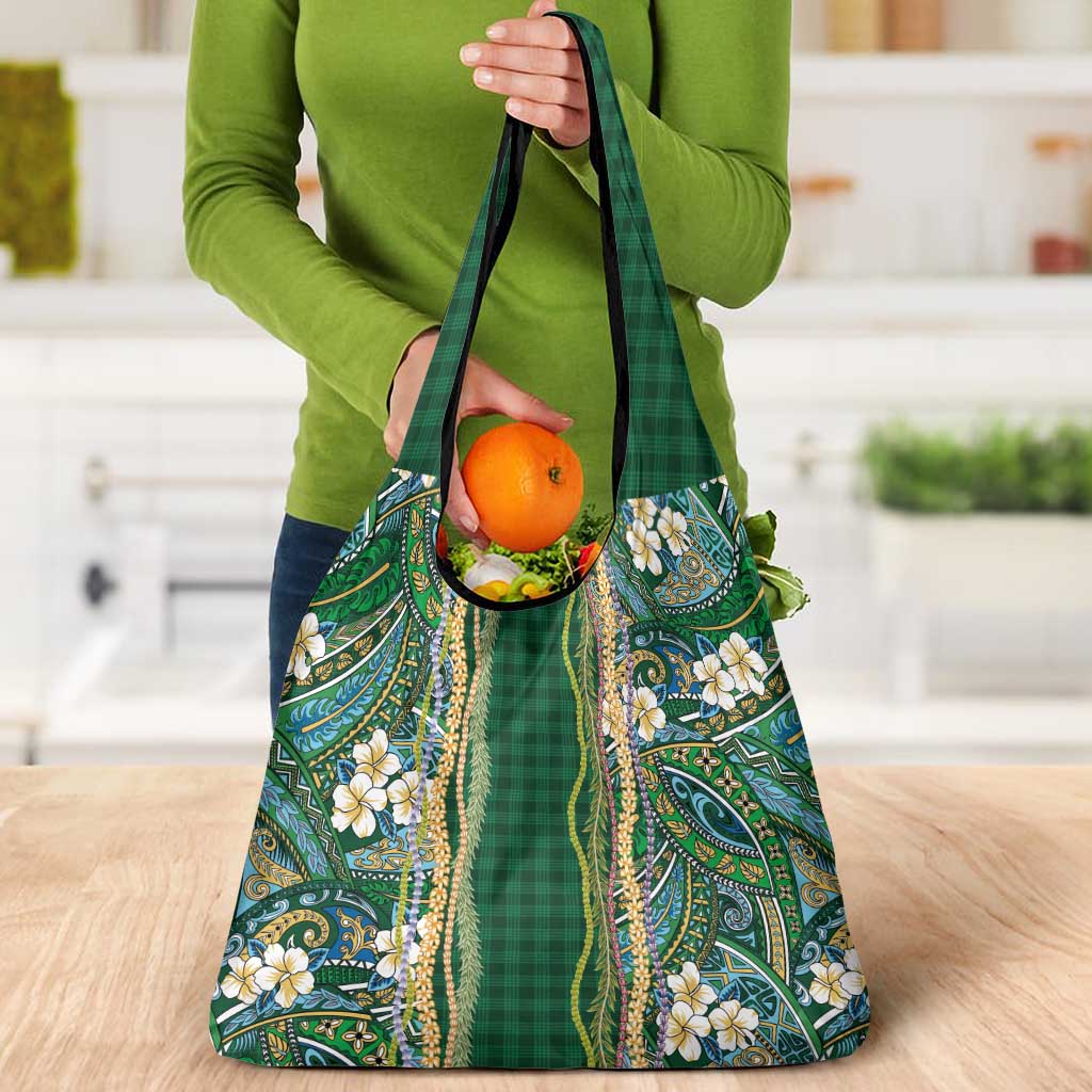 Hawaiian Art Flower Tribal with Lei Grocery Bag Palaka Pattern Green Color - Polynesian Pride