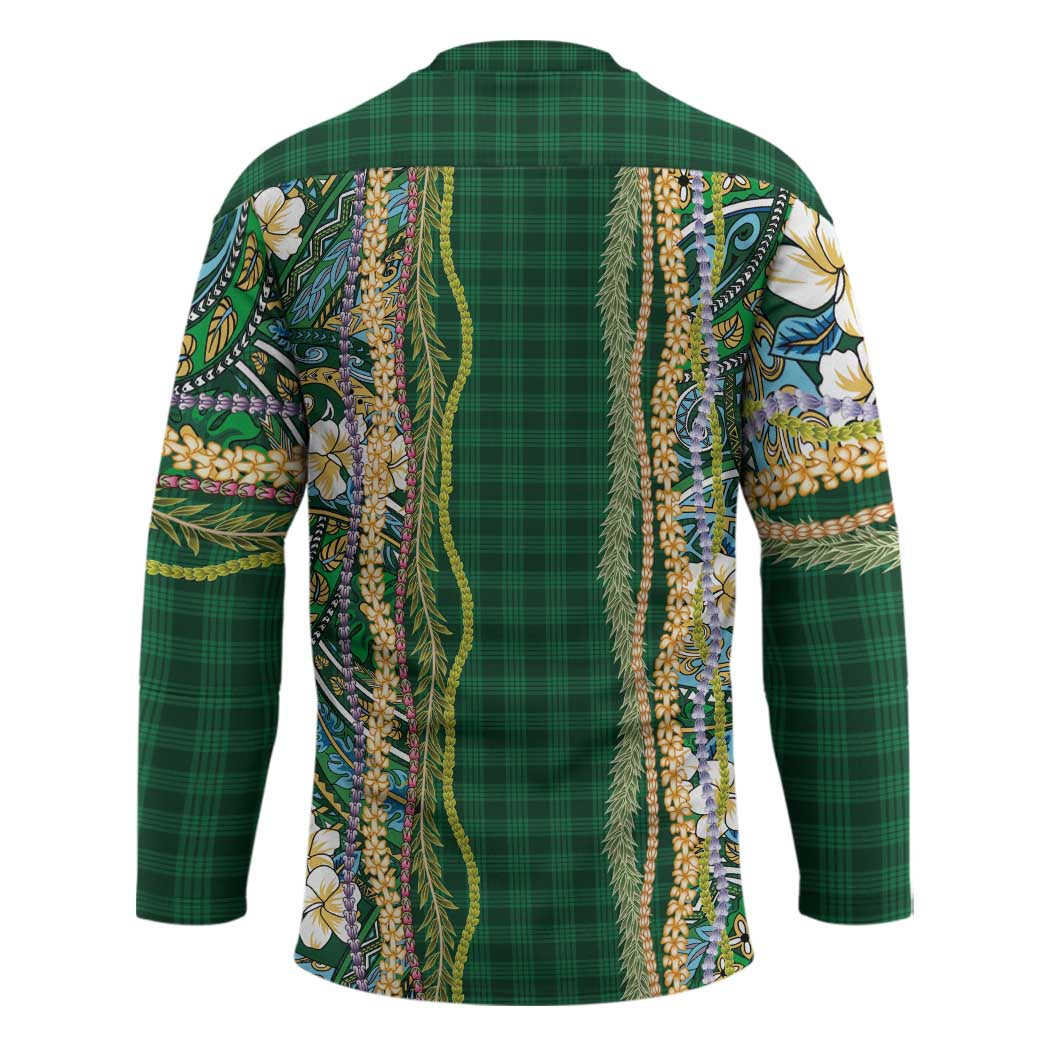 Hawaiian Art Flower Tribal with Lei Hockey Jersey Palaka Pattern Green Color - Polynesian Pride