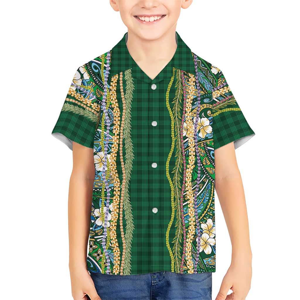 Hawaiian Art Flower Tribal with Lei Kid Hawaiian Shirt Palaka Pattern Green Color - Polynesian Pride