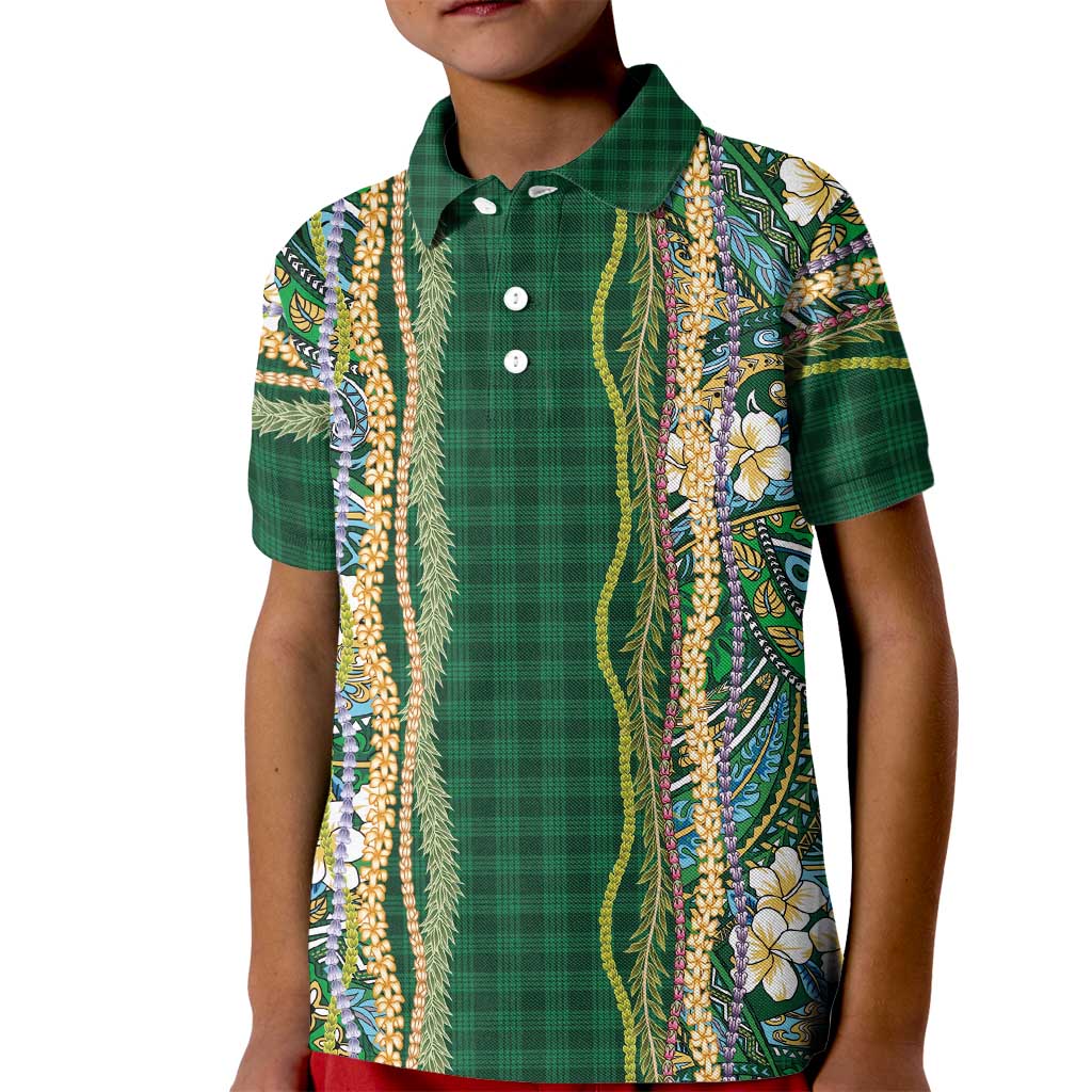Hawaiian Art Flower Tribal with Lei Kid Polo Shirt Palaka Pattern Green Color - Polynesian Pride