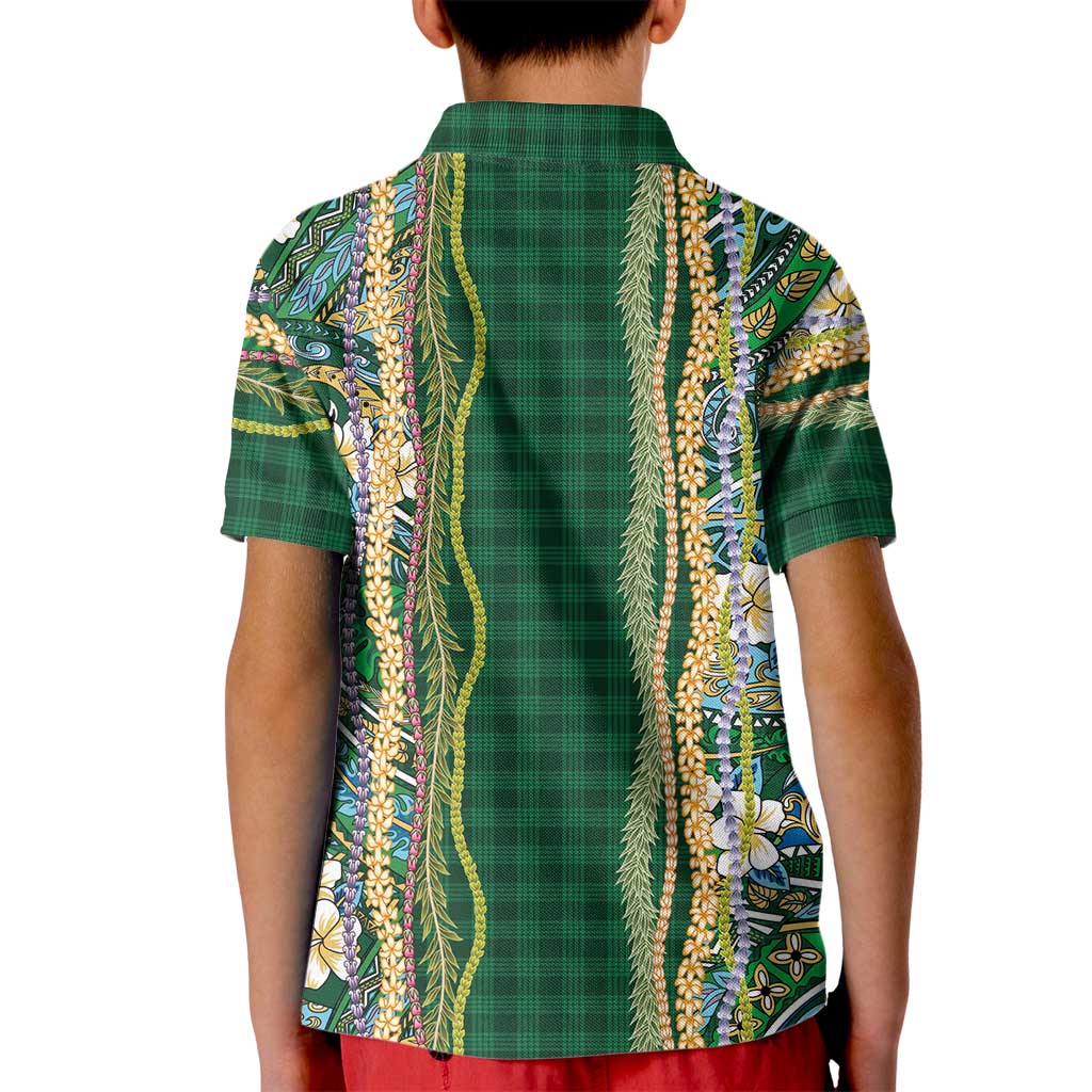 Hawaiian Art Flower Tribal with Lei Kid Polo Shirt Palaka Pattern Green Color - Polynesian Pride