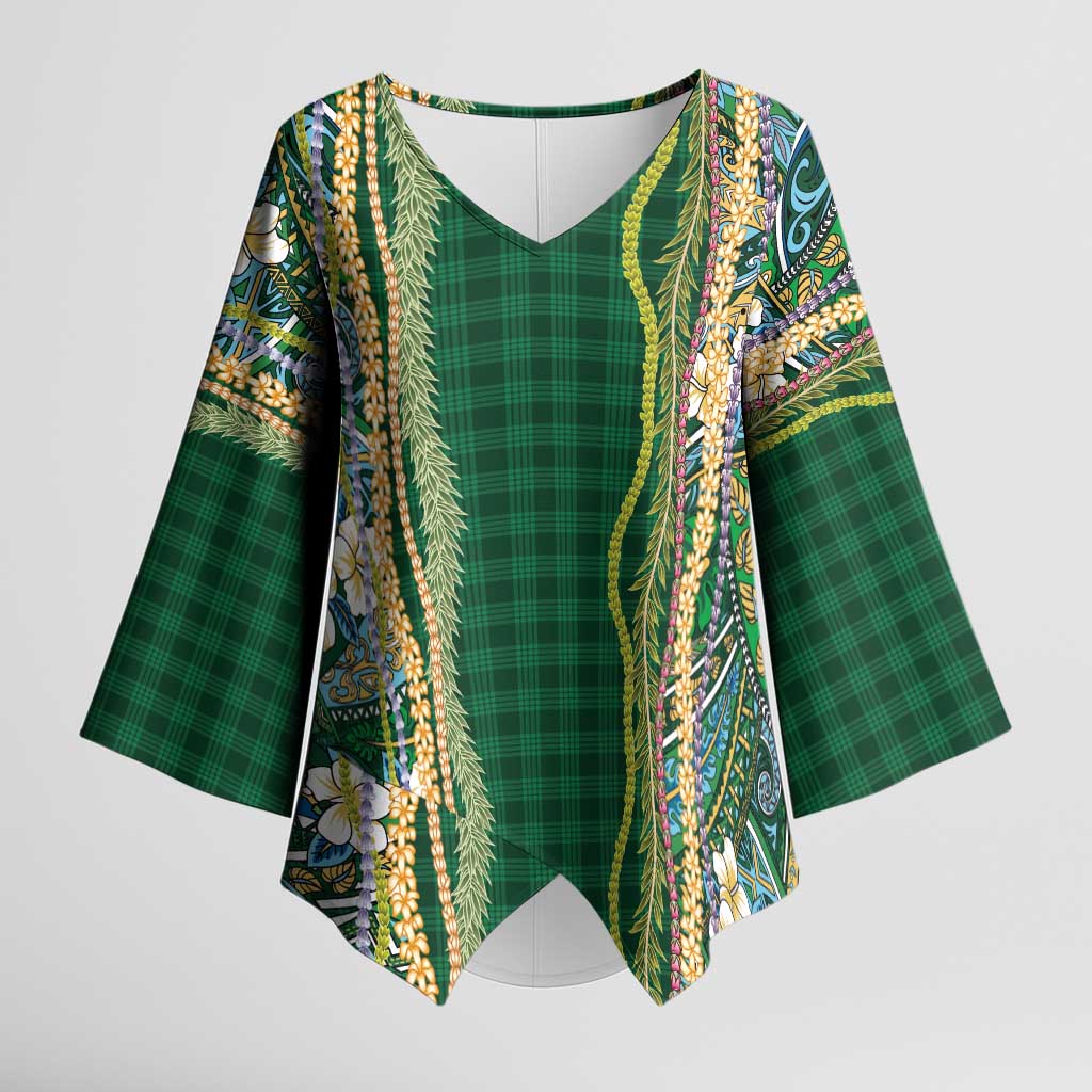 Hawaiian Art Flower Tribal with Lei Kimono Sleeve Blouse Palaka Pattern Green Color - Polynesian Pride