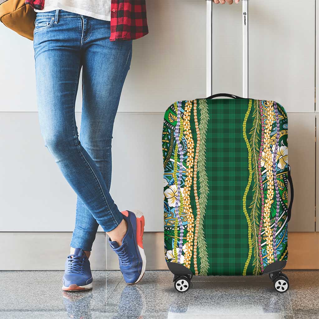Hawaiian Art Flower Tribal with Lei Luggage Cover Palaka Pattern Green Color - Polynesian Pride