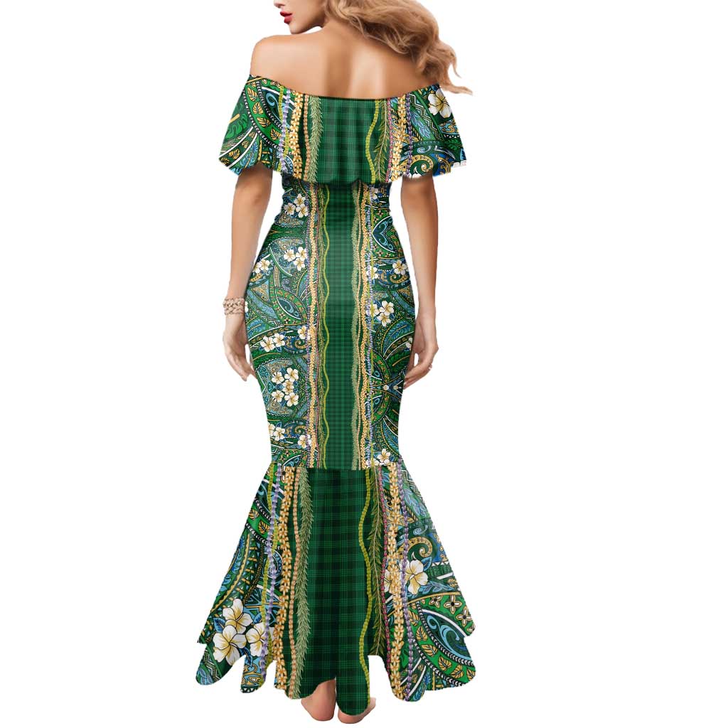 Hawaiian Art Flower Tribal with Lei Mermaid Dress Palaka Pattern Green Color LT03 - Polynesian Pride