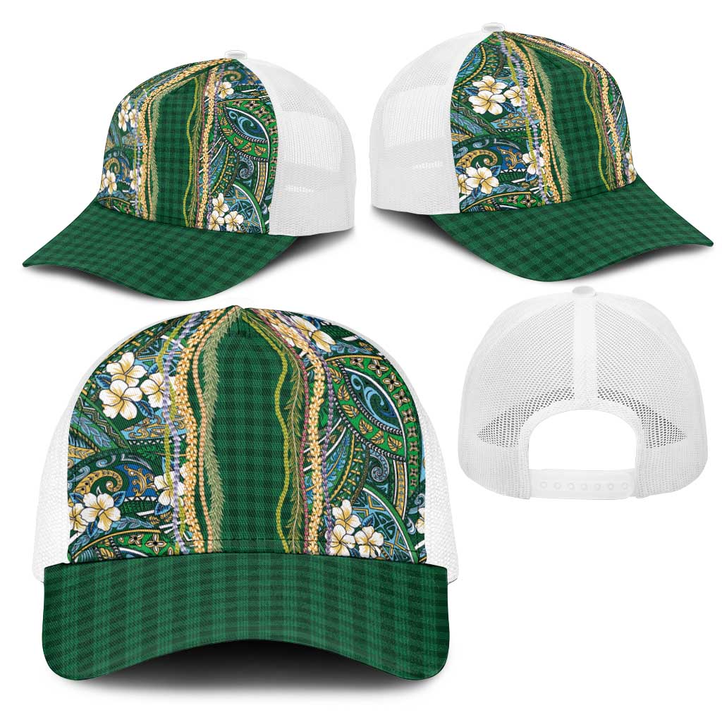 Hawaiian Art Flower Tribal with Lei Mesh Trucker Cap Palaka Pattern Green Color LT03 - Polynesian Pride