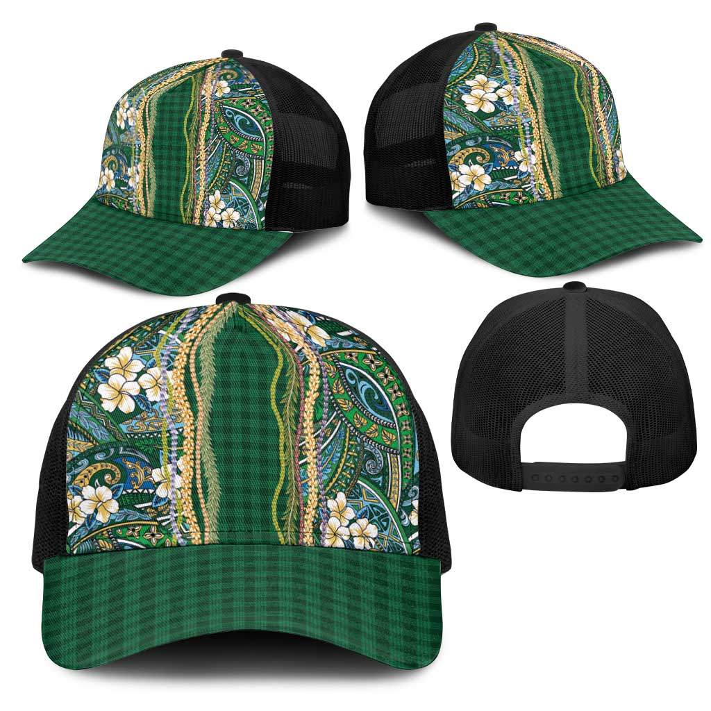 Hawaiian Art Flower Tribal with Lei Mesh Trucker Cap Palaka Pattern Green Color LT03 - Polynesian Pride