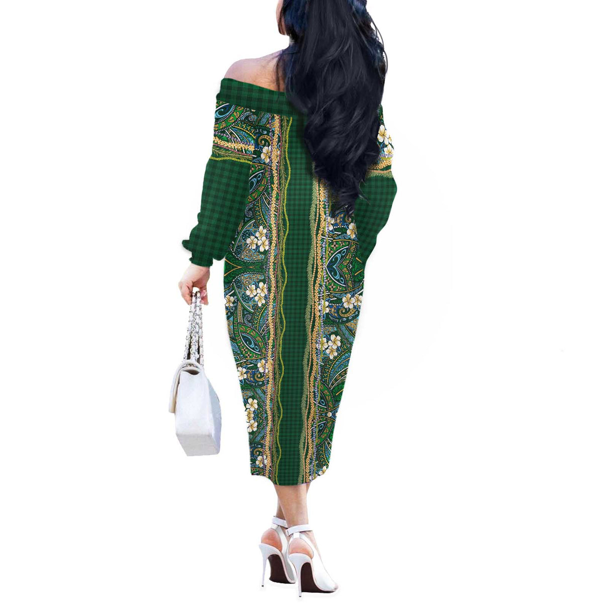 Hawaiian Art Flower Tribal with Lei Off The Shoulder Long Sleeve Dress Palaka Pattern Green Color - Polynesian Pride