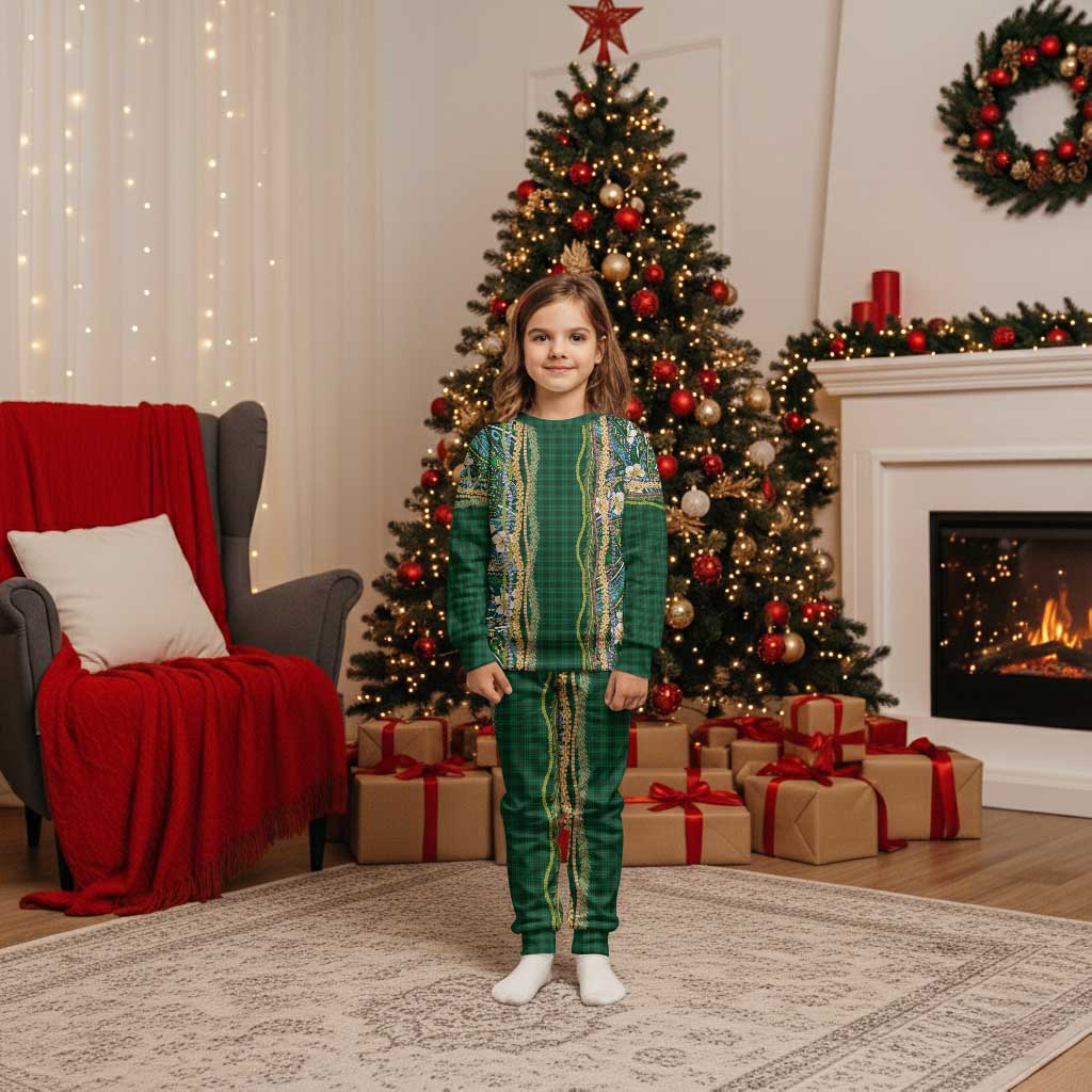 Hawaiian Art Flower Tribal with Lei Christmas Pajama Set Palaka Pattern Green Color - Polynesian Pride