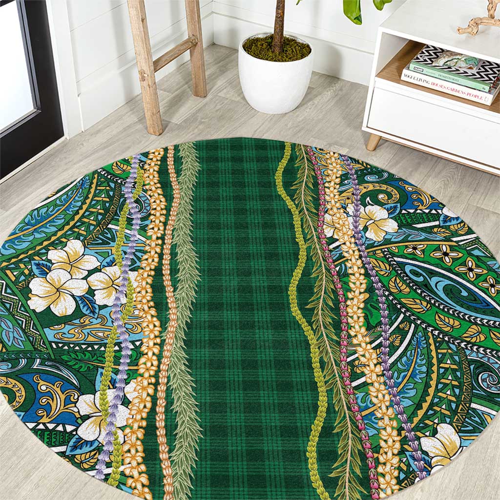 Hawaiian Art Flower Tribal with Lei Round Carpet Palaka Pattern Green Color - Polynesian Pride