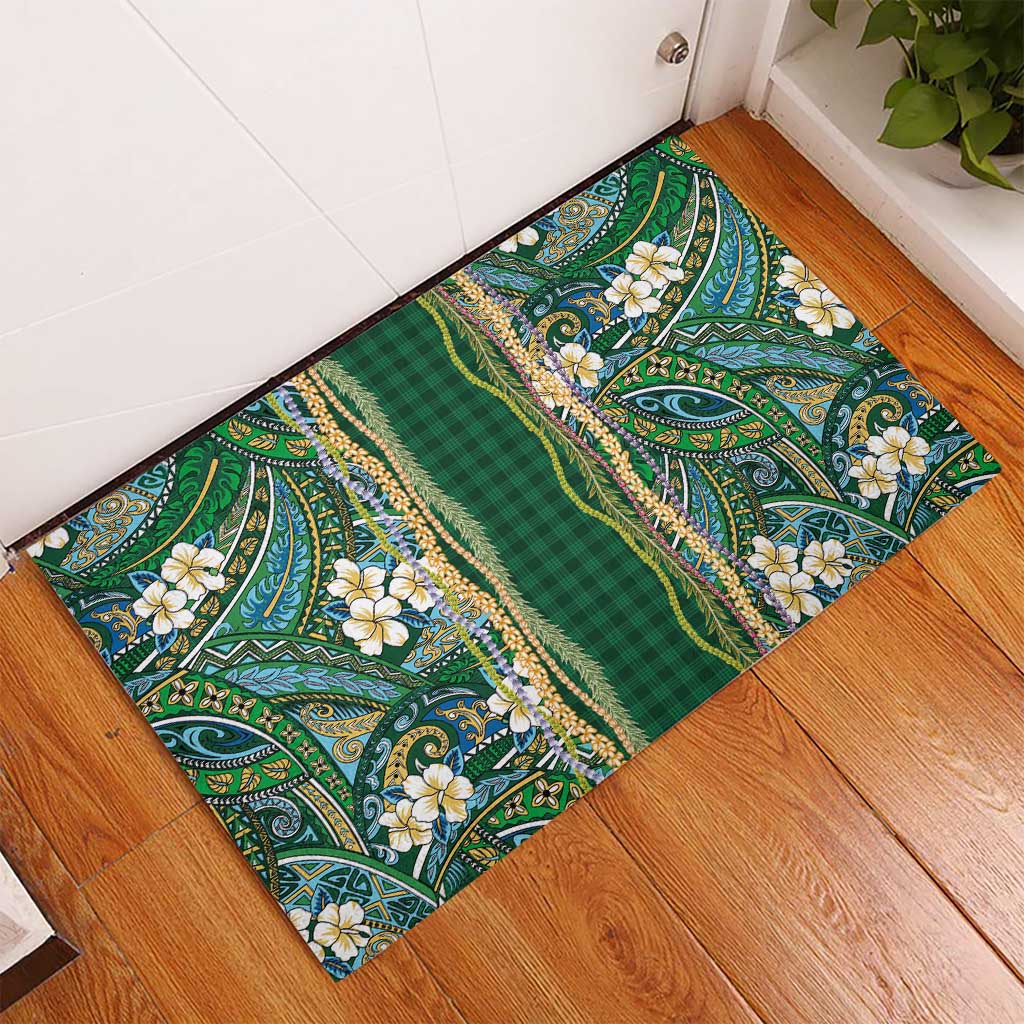 Hawaiian Art Flower Tribal with Lei Rubber Doormat Palaka Pattern Green Color - Polynesian Pride