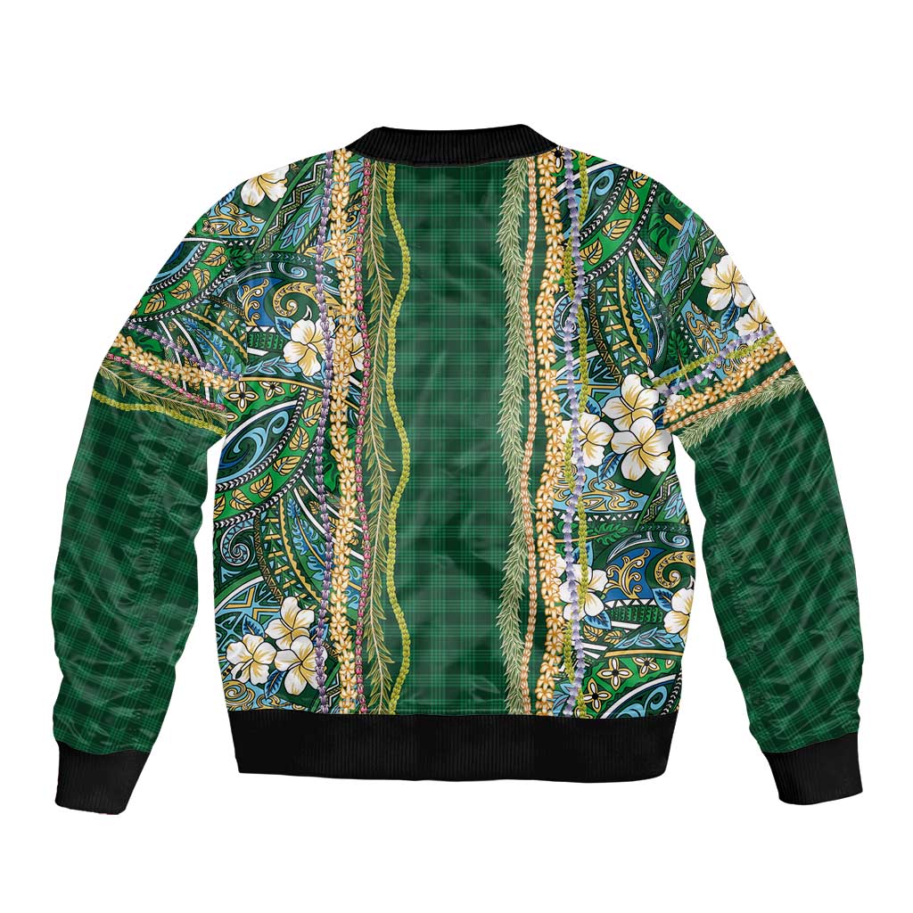 Hawaiian Art Flower Tribal with Lei Sleeve Zip Bomber Jacket Palaka Pattern Green Color LT03 - Polynesian Pride