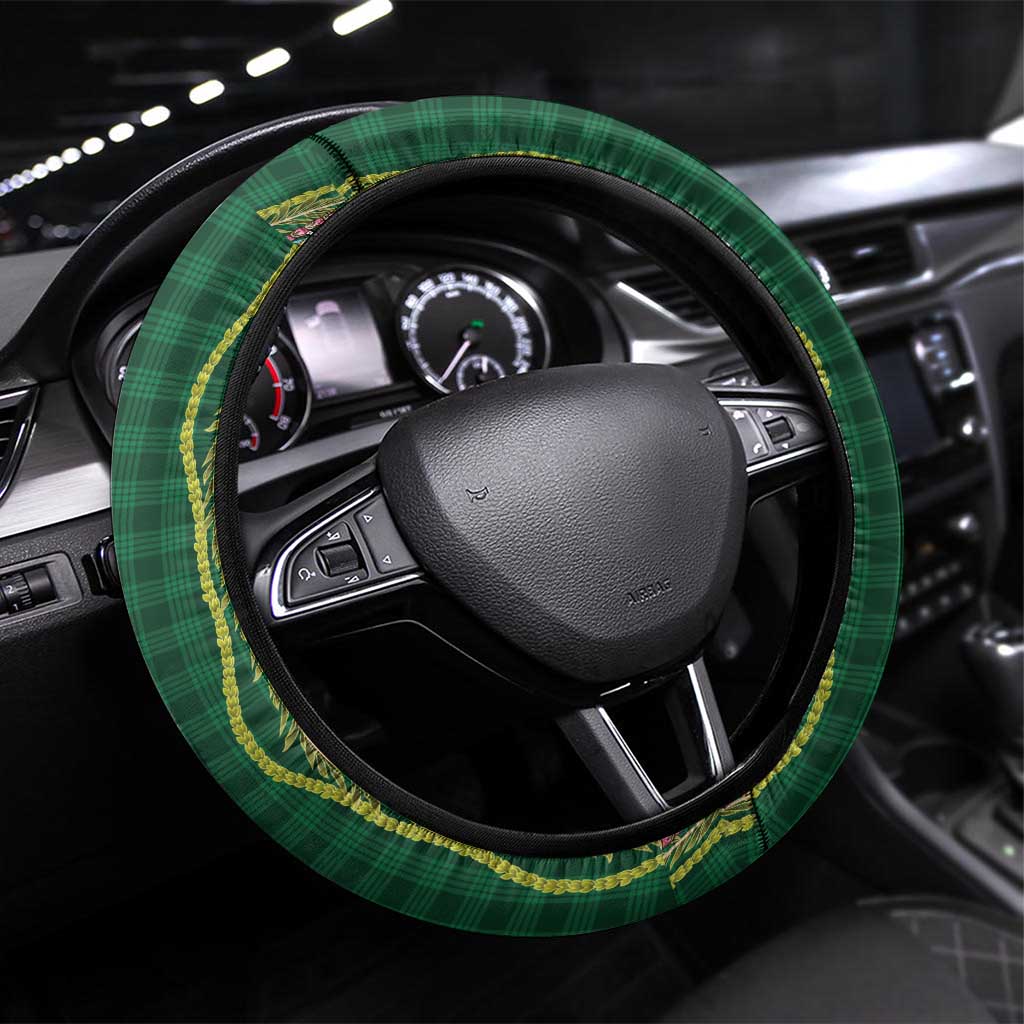 Hawaiian Art Flower Tribal with Lei Steering Wheel Cover Palaka Pattern Green Color - Polynesian Pride