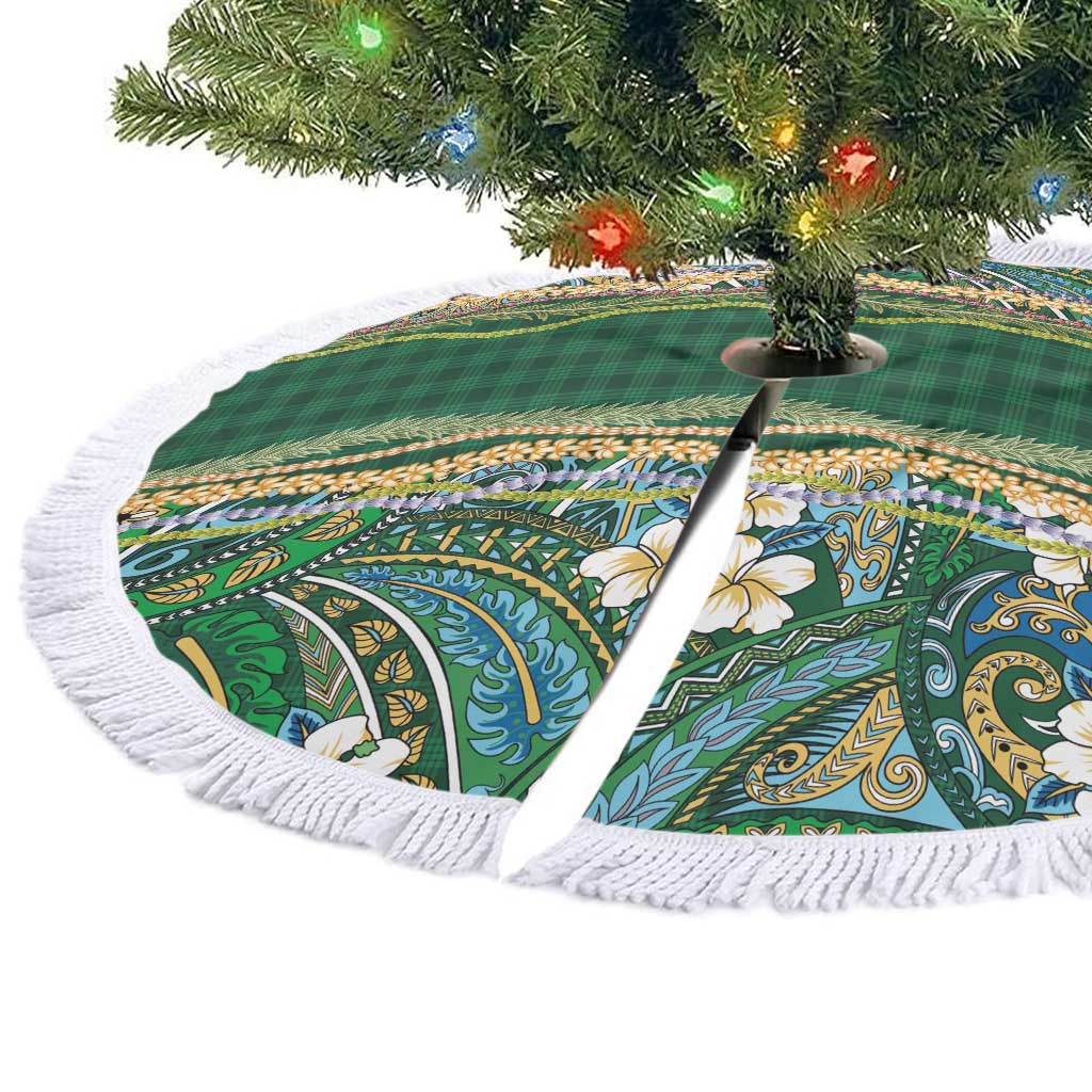 Hawaiian Art Flower Tribal with Lei Tree Skirt Palaka Pattern Green Color - Polynesian Pride