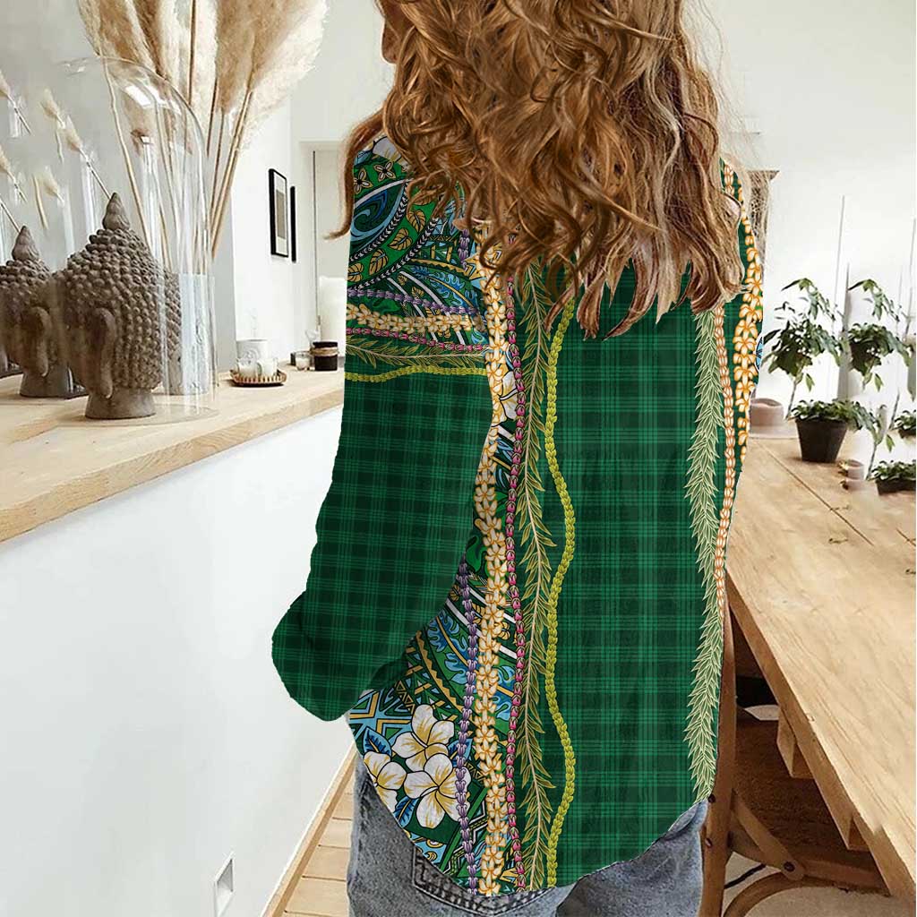 Hawaiian Art Flower Tribal with Lei Women Casual Shirt Palaka Pattern Green Color LT03 - Polynesian Pride