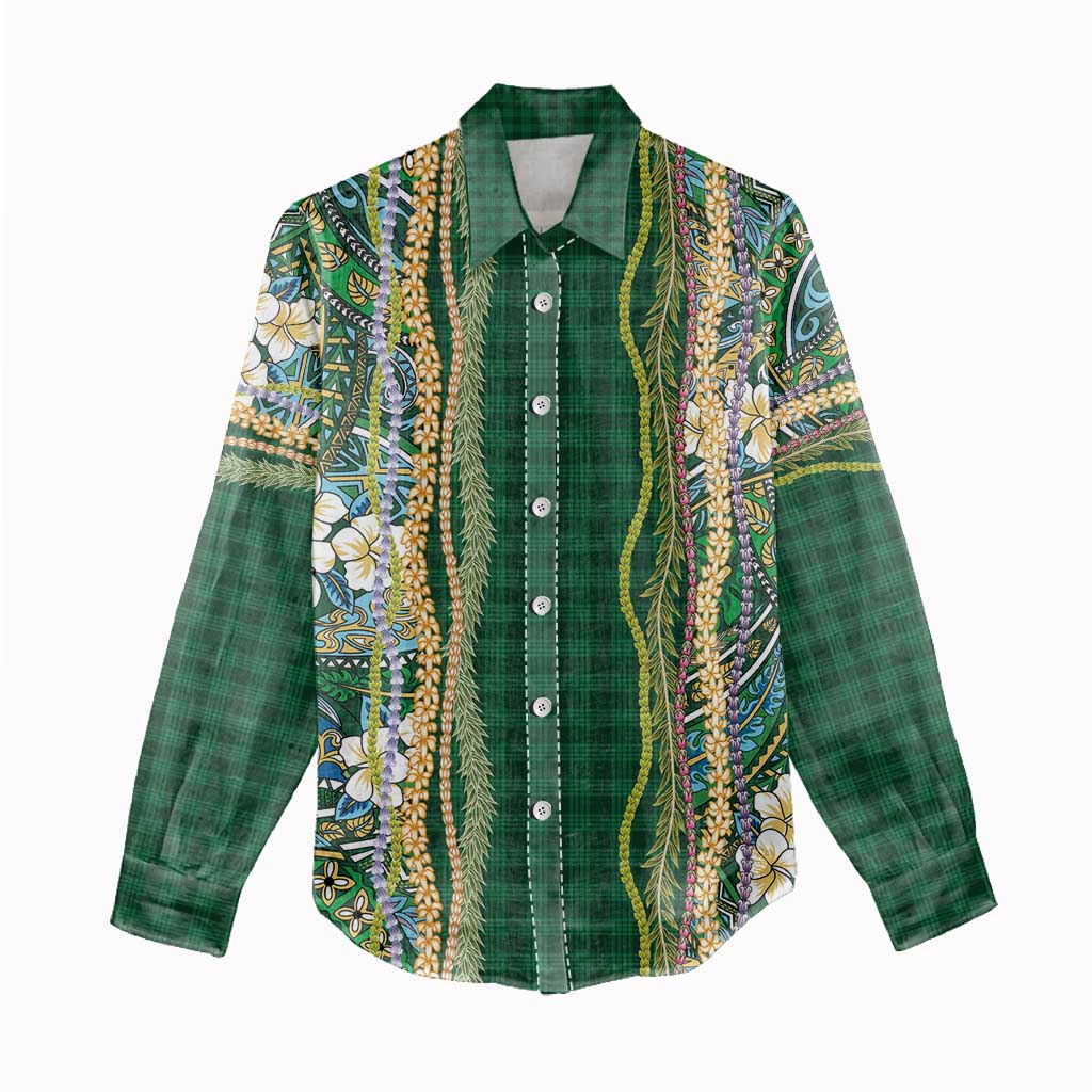 Hawaiian Art Flower Tribal with Lei Women Casual Shirt Palaka Pattern Green Color LT03 - Polynesian Pride