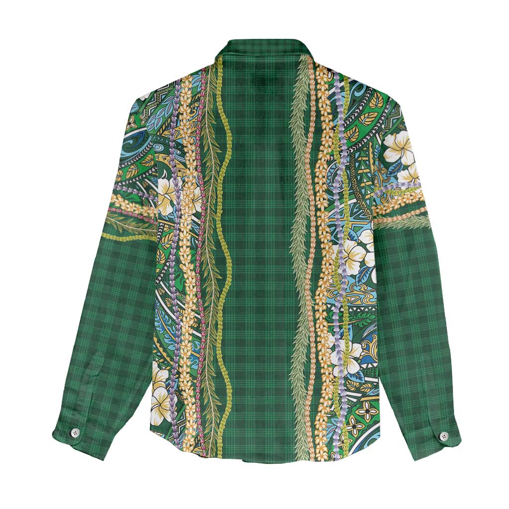 Hawaiian Art Flower Tribal with Lei Women Casual Shirt Palaka Pattern Green Color LT03 - Polynesian Pride