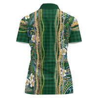 Hawaiian Art Flower Tribal with Lei Women Polo Shirt Palaka Pattern Green Color - Polynesian Pride