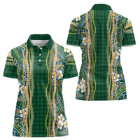 Hawaiian Art Flower Tribal with Lei Women Polo Shirt Palaka Pattern Green Color - Polynesian Pride