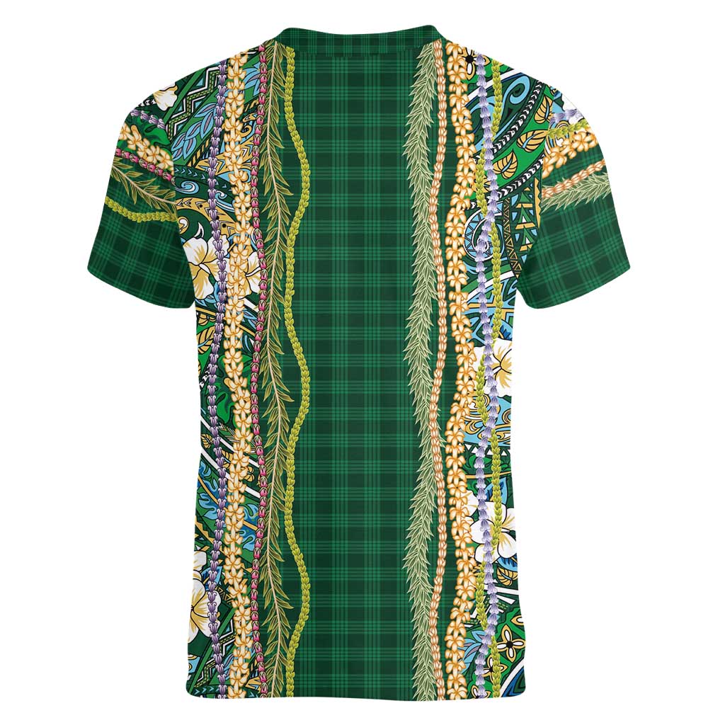 Hawaiian Art Flower Tribal with Lei Women V-Neck T-Shirt Palaka Pattern Green Color - Polynesian Pride