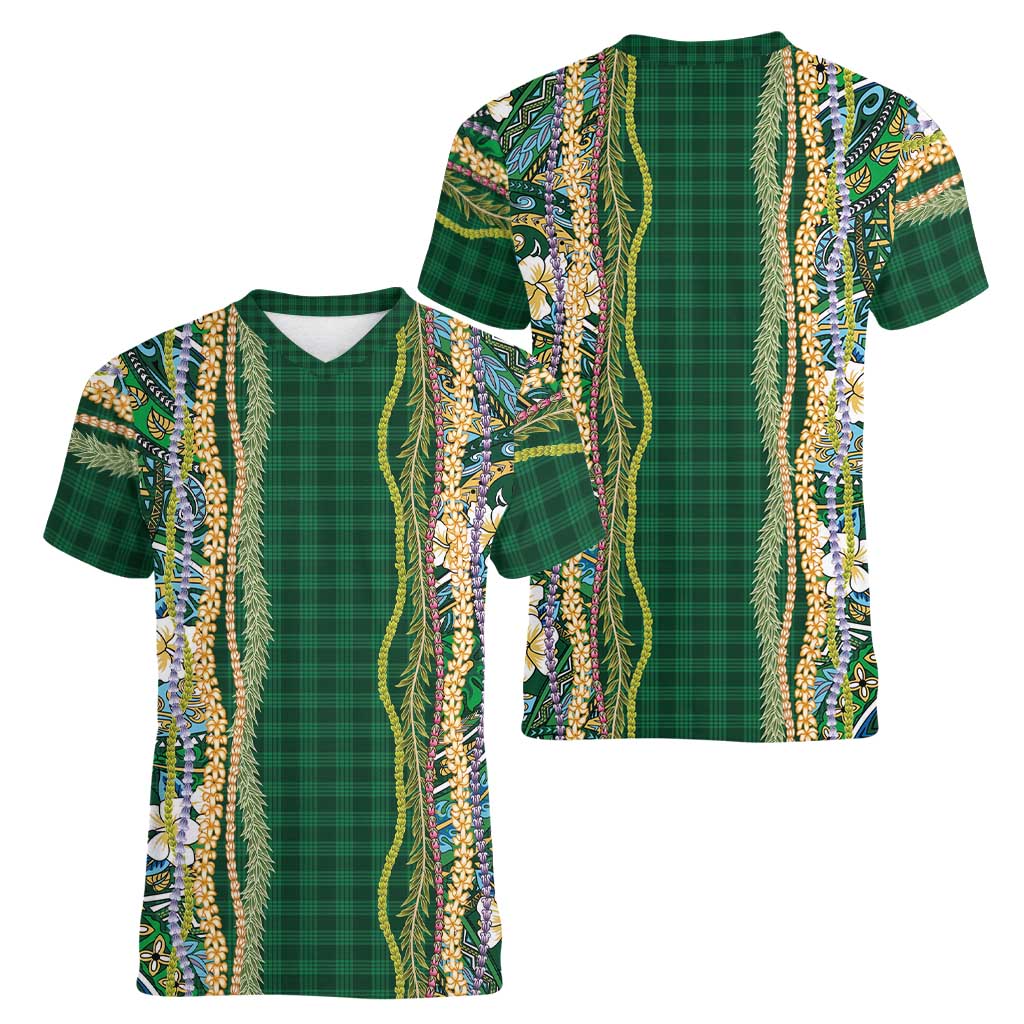 Hawaiian Art Flower Tribal with Lei Women V-Neck T-Shirt Palaka Pattern Green Color - Polynesian Pride