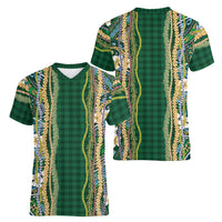 Hawaiian Art Flower Tribal with Lei Women V-Neck T-Shirt Palaka Pattern Green Color - Polynesian Pride