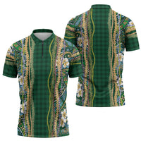 Hawaiian Art Flower Tribal with Lei Zipper Polo Shirt Palaka Pattern Green Color - Polynesian Pride