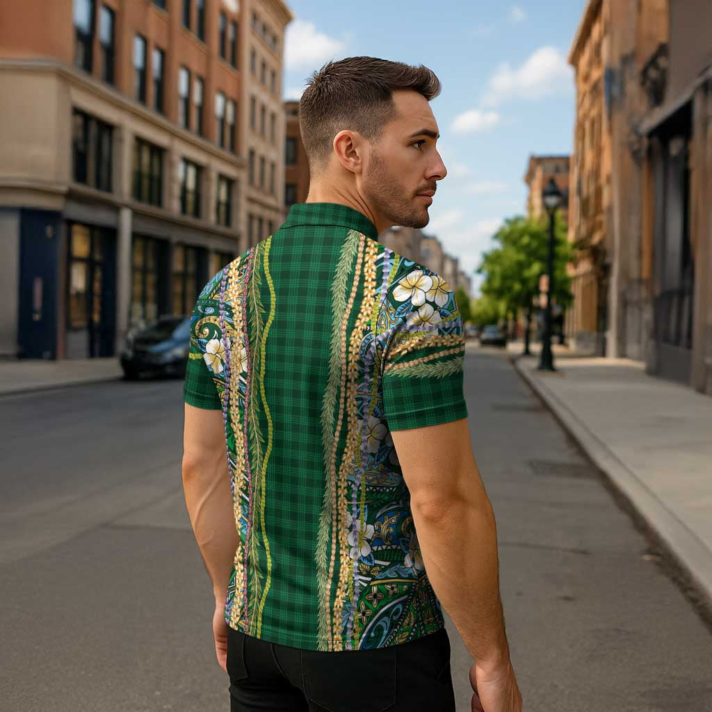 Hawaiian Art Flower Tribal with Lei Zipper Polo Shirt Palaka Pattern Green Color - Polynesian Pride
