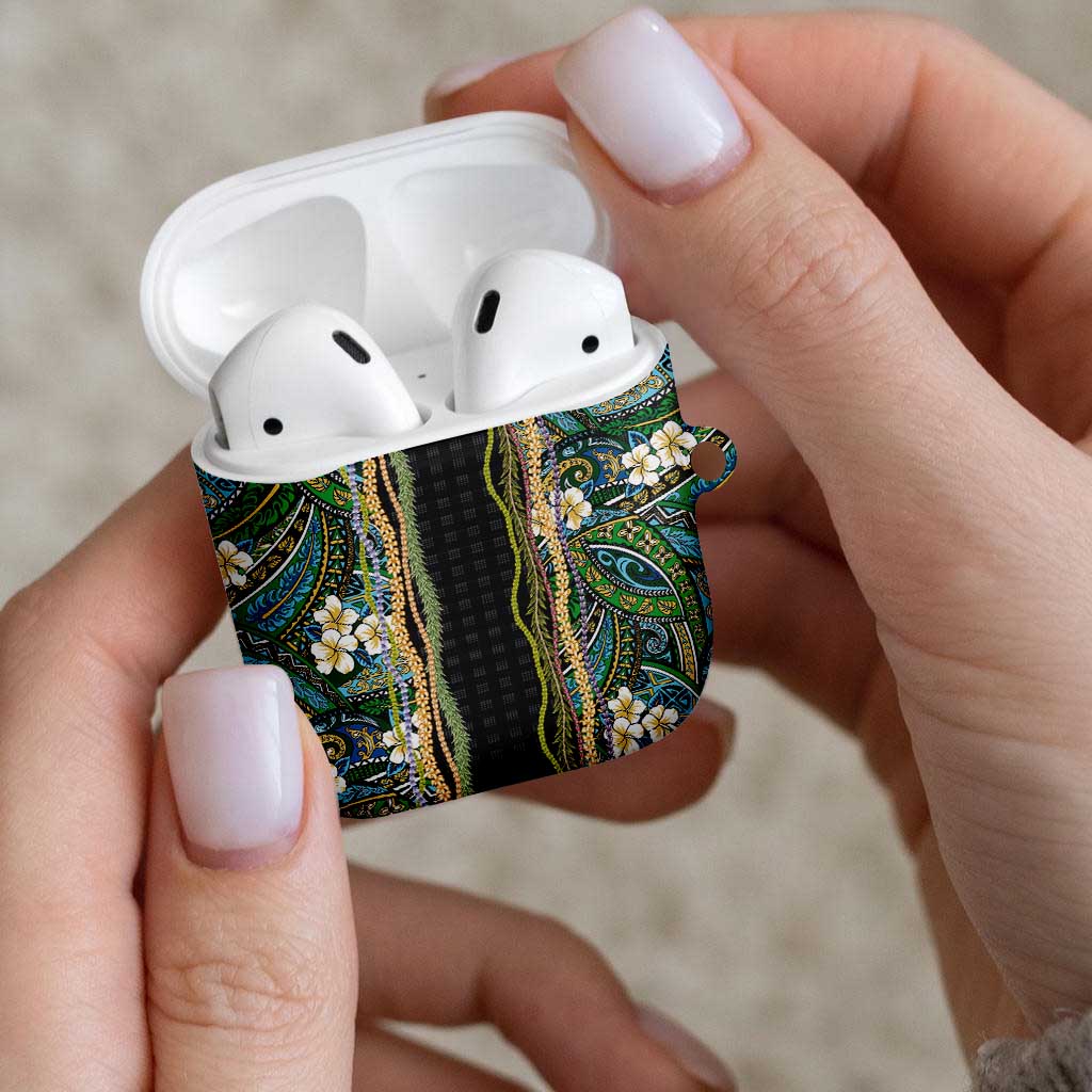 Hawaiian Art Flower Tribal with Lei AirPods Case Palaka Pattern Black Color - Polynesian Pride