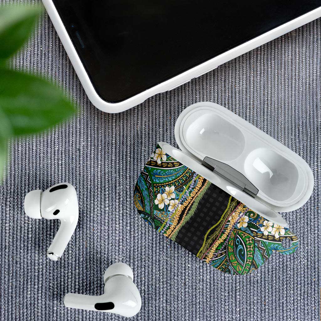 Hawaiian Art Flower Tribal with Lei AirPods Case Palaka Pattern Black Color - Polynesian Pride