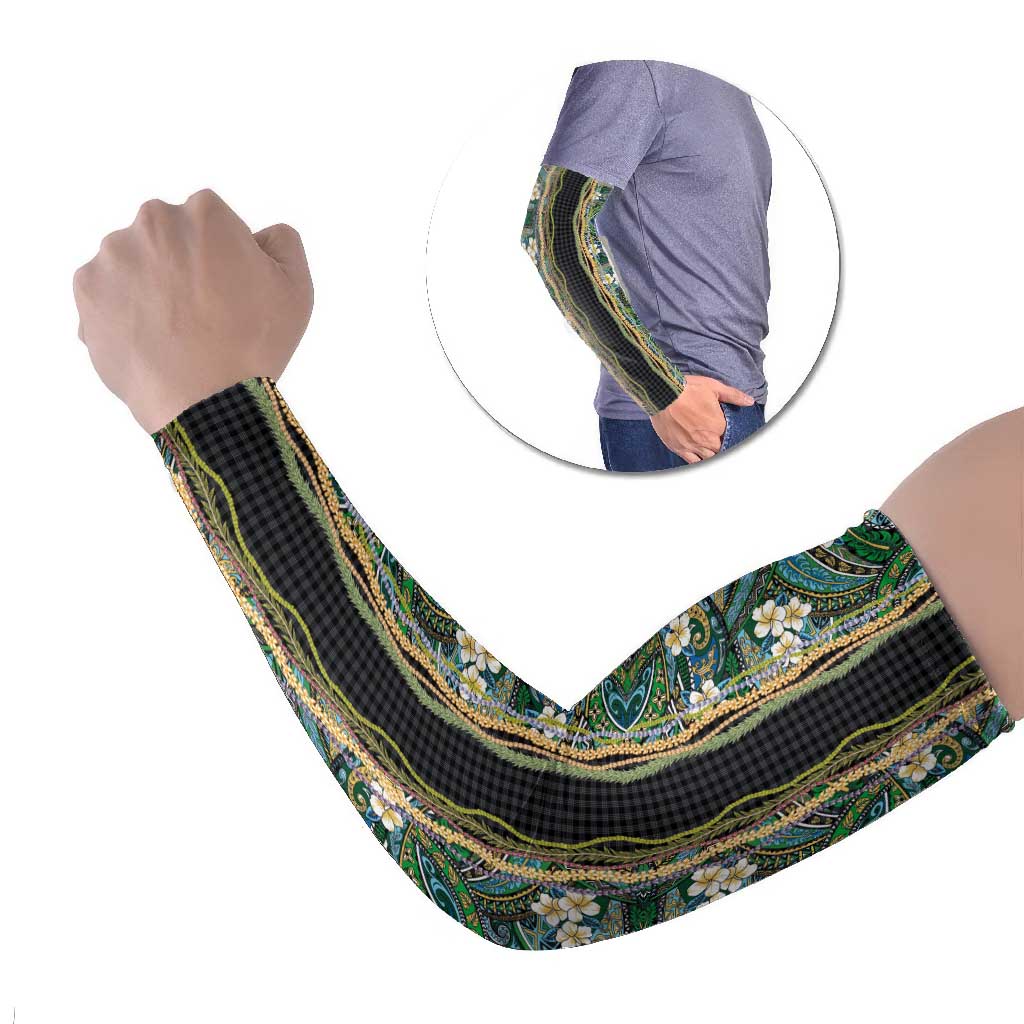 Hawaiian Art Flower Tribal with Lei Arm Sleeves Palaka Pattern Black Color - Polynesian Pride