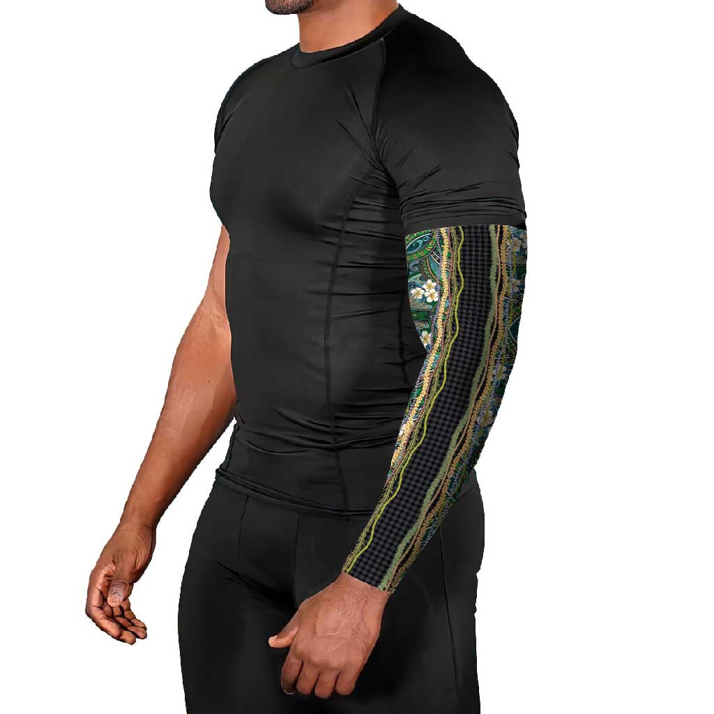Hawaiian Art Flower Tribal with Lei Arm Sleeves Palaka Pattern Black Color - Polynesian Pride