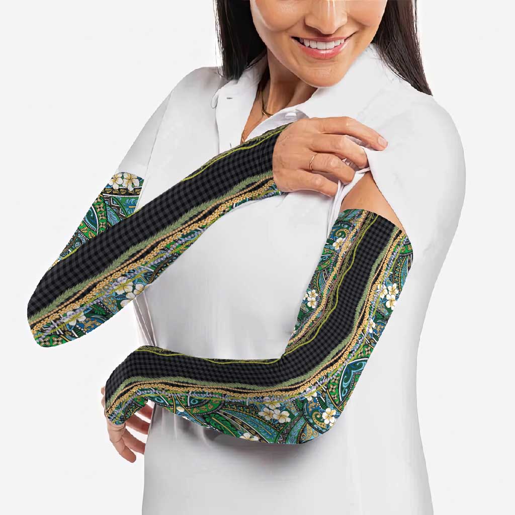 Hawaiian Art Flower Tribal with Lei Arm Sleeves Palaka Pattern Black Color - Polynesian Pride