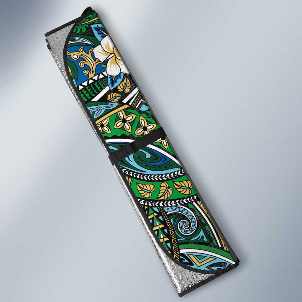 Hawaiian Art Flower Tribal with Lei Auto Sun Shade Palaka Pattern Black Color - Polynesian Pride