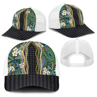 Hawaiian Art Flower Tribal with Lei Baseball Net Cap Palaka Pattern Black Color - Polynesian Pride