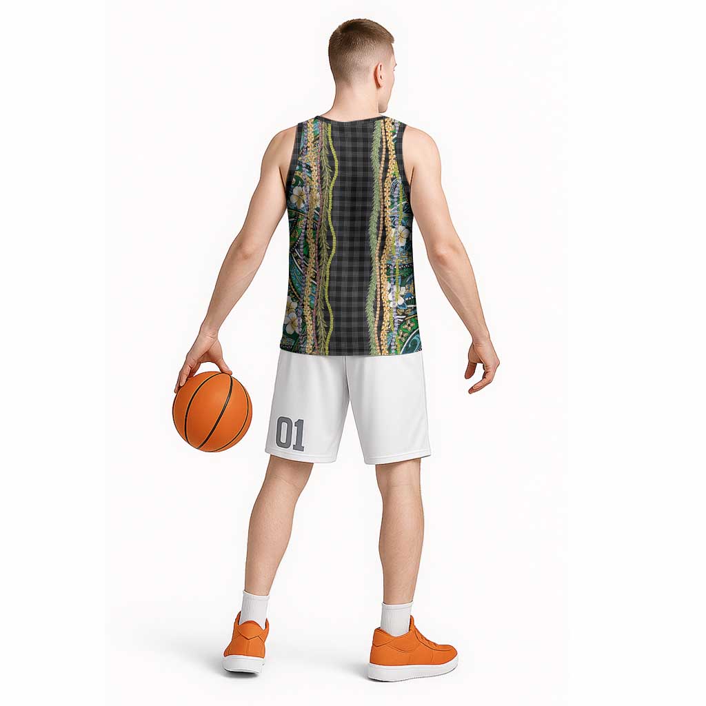 Hawaiian Art Flower Tribal with Lei Basketball Jersey Palaka Pattern Black Color - Polynesian Pride