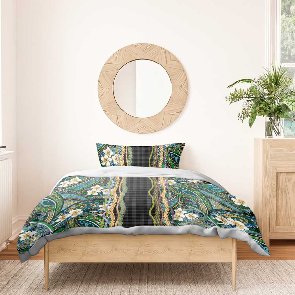 Hawaiian Art Flower Tribal with Lei Bedding Set Palaka Pattern Black Color - Polynesian Pride