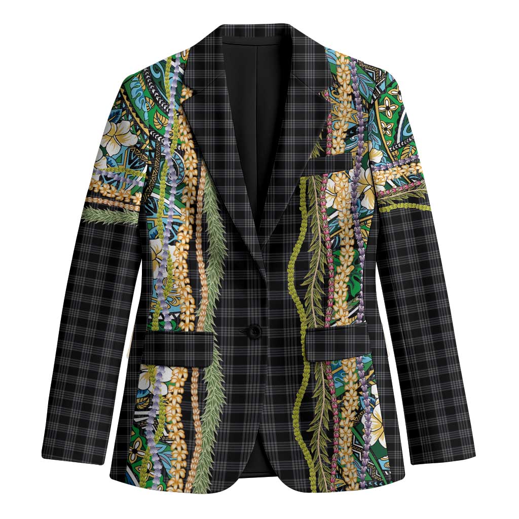 Hawaiian Art Flower Tribal with Lei Blazer Palaka Pattern Black Color - Polynesian Pride