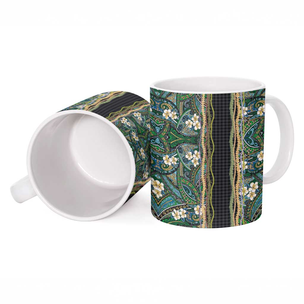 Hawaiian Art Flower Tribal with Lei Ceramic Mug Palaka Pattern Black Color - Polynesian Pride