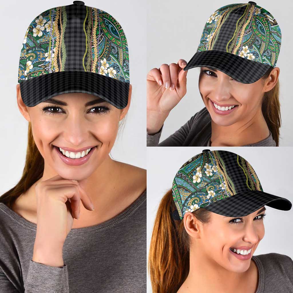 Hawaiian Art Flower Tribal with Lei Classic Cap Palaka Pattern Black Color - Polynesian Pride