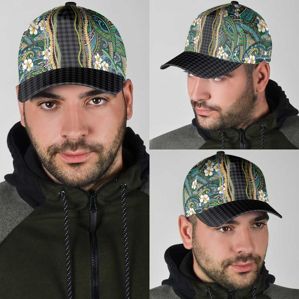 Hawaiian Art Flower Tribal with Lei Classic Cap Palaka Pattern Black Color - Polynesian Pride