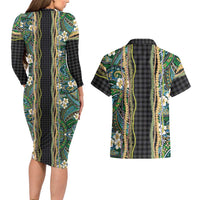 Hawaiian Art Flower Tribal with Lei Couples Matching Long Sleeve Bodycon Dress and Hawaiian Shirt Palaka Pattern Black Color LT03 - Polynesian Pride