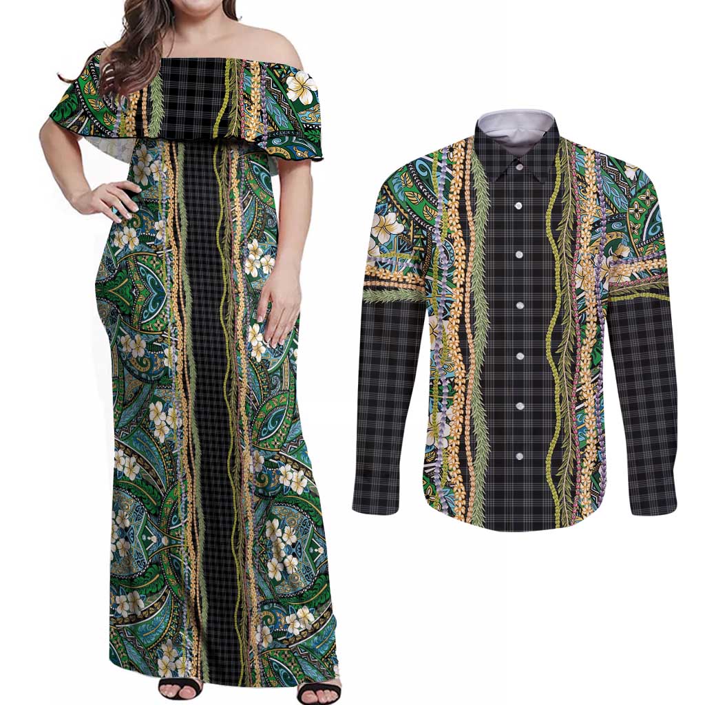 Hawaiian Art Flower Tribal with Lei Couples Matching Off Shoulder Maxi Dress and Long Sleeve Button Shirt Palaka Pattern Black Color LT03 Black - Polynesian Pride
