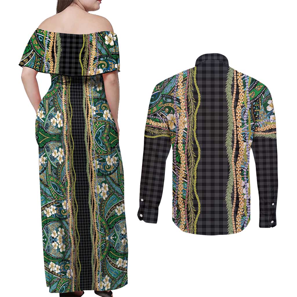Hawaiian Art Flower Tribal with Lei Couples Matching Off Shoulder Maxi Dress and Long Sleeve Button Shirt Palaka Pattern Black Color LT03 - Polynesian Pride