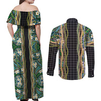 Hawaiian Art Flower Tribal with Lei Couples Matching Off Shoulder Maxi Dress and Long Sleeve Button Shirt Palaka Pattern Black Color LT03 - Polynesian Pride