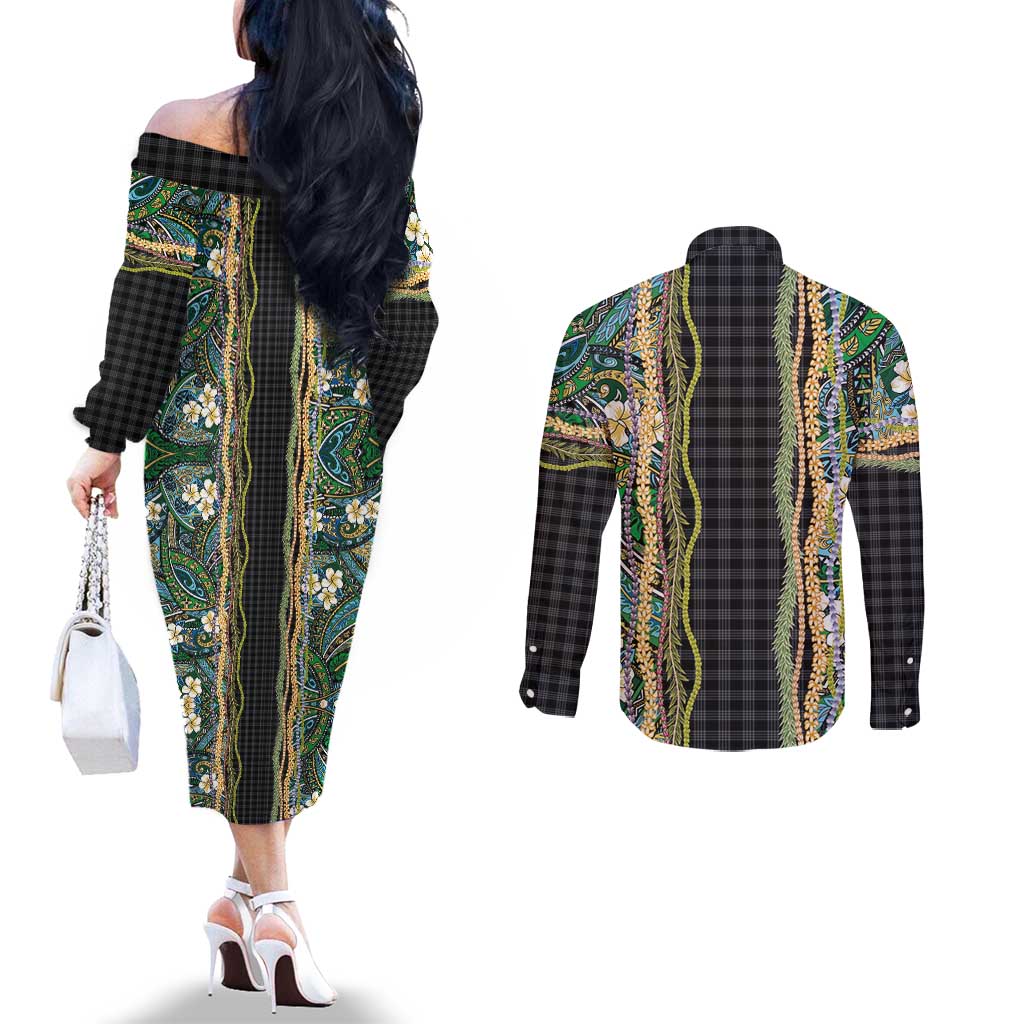 Hawaiian Art Flower Tribal with Lei Couples Matching Off The Shoulder Long Sleeve Dress and Long Sleeve Button Shirt Palaka Pattern Black Color LT03 - Polynesian Pride