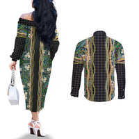 Hawaiian Art Flower Tribal with Lei Couples Matching Off The Shoulder Long Sleeve Dress and Long Sleeve Button Shirt Palaka Pattern Black Color LT03 - Polynesian Pride
