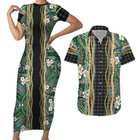 Hawaiian Art Flower Tribal with Lei Couples Matching Short Sleeve Bodycon Dress and Hawaiian Shirt Palaka Pattern Black Color LT03 Black - Polynesian Pride