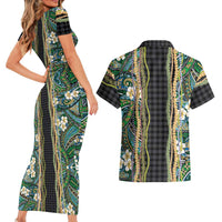 Hawaiian Art Flower Tribal with Lei Couples Matching Short Sleeve Bodycon Dress and Hawaiian Shirt Palaka Pattern Black Color LT03 - Polynesian Pride