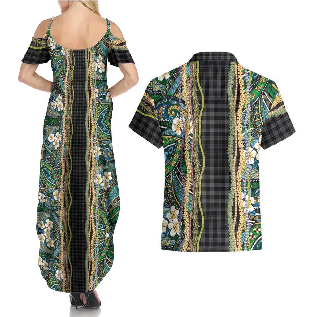 Hawaiian Art Flower Tribal with Lei Couples Matching Summer Maxi Dress and Hawaiian Shirt Palaka Pattern Black Color - Polynesian Pride